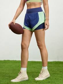 SHEIN Sports Quần short thể thao thời trang mùa hè 2 trong 1 cạp chun màu tương phản - Màu xanh lam - Xem 5