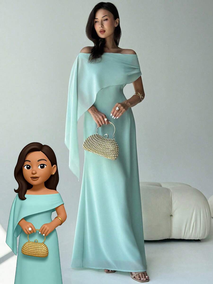 Aloruh New Off Shoulder Boat Neck Asymmetric Ruffle Fitted Dress, Elegant Birthday Party Cocktail Dress, Long Maxi Green Mermaid Hem Gown,Fall Dresses For Women,Prom Dress,Fall Wedding Guest Dress