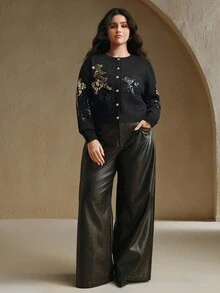 Anewsta Áo khoác len cardigan họa tiết hoa đính đá thêu, thích hợp cho mùa thu, mùa đông, đi chơi, thanh lịch, trang trọng, tiệc tùng, sang trọng, năm mới, giáng sinh, công sở, tốt nghiệp, đám cưới - màu đen - Xem 5