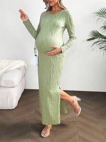 SHEIN Vestido de maternidad minimalista de unicolor, ajustado, sin espalda, de manga larga y con lazo en la espalda - Verde - Ver 7