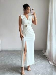 Rafferiza 女士礼服，开衩百褶修身连衣裙