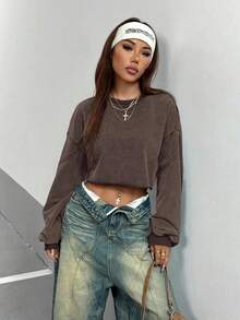StreetHx Women's Solid Color Round Neck Loose Box-Shaped Cropped Washed Sweatshirt Fall Cloth For Women - Brown - View 7