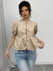 Chiquease 女式泡泡袖蝴蝶结吊带荷叶边下摆衬衫 - 棕色 - 查看 4