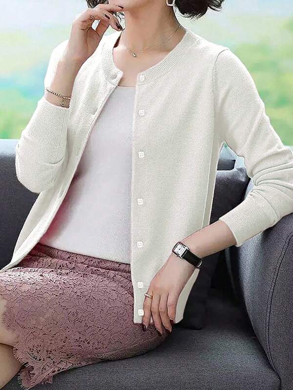 EMERY ROSE Loose Button-Up Round Neck Comfortable Solid Cardigan, Christmas