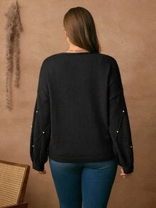 EMERY ROSE Plus Size Black Knitted Diamond Pattern Cardigan Jacket, Long Puff Sleeves, Faux Pearl Decoration, Spring, Autumn, Winter, For Woman - Black - View 2