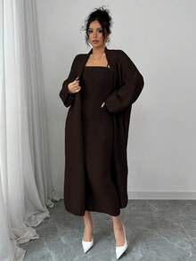 Rafferiza 2 chiếc váy liền thân màu trơn dây mảnh tối giản cho nam kèm áo khoác dài tay Bộ đồ thường ngày Áo choàng lớn Áo len dài Áo choàng kéo Áo choàng dài Áo len maxi - Rỉ Nâu - Xem 3