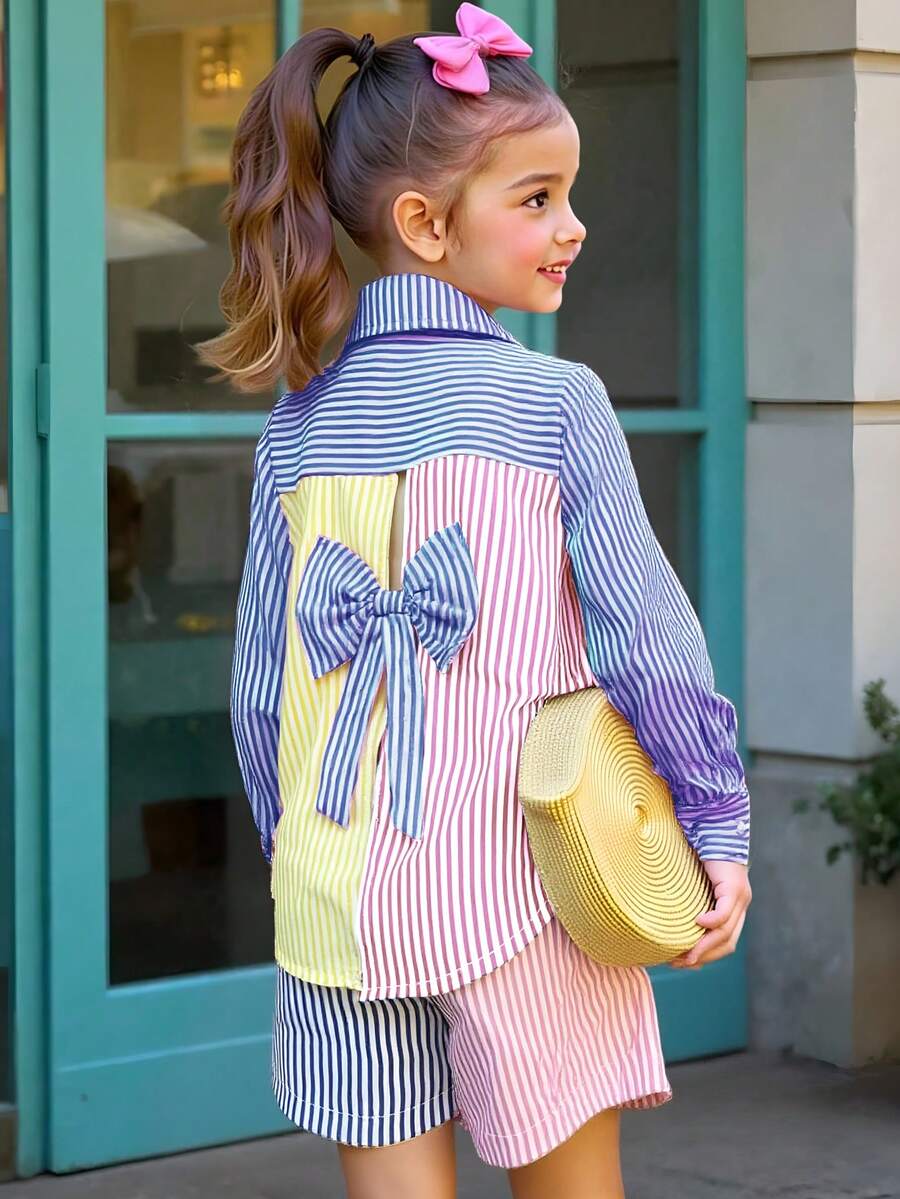2pcs/Set Young Girl's Patchwork Contrast Color Asymmetrical Collar Long Sleeve Striped Back Bow Decor Shirt And Patchwork Striped Pants, Collegiate Casual Style, Suitable For All Seasons Fall Winter - Multicolor - View 1