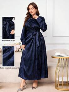 Modelyn Women's Long Sleeve Tie-Front Jacquard Elegant Party & Commute Dress, Plus Size Fall Cloth For Women