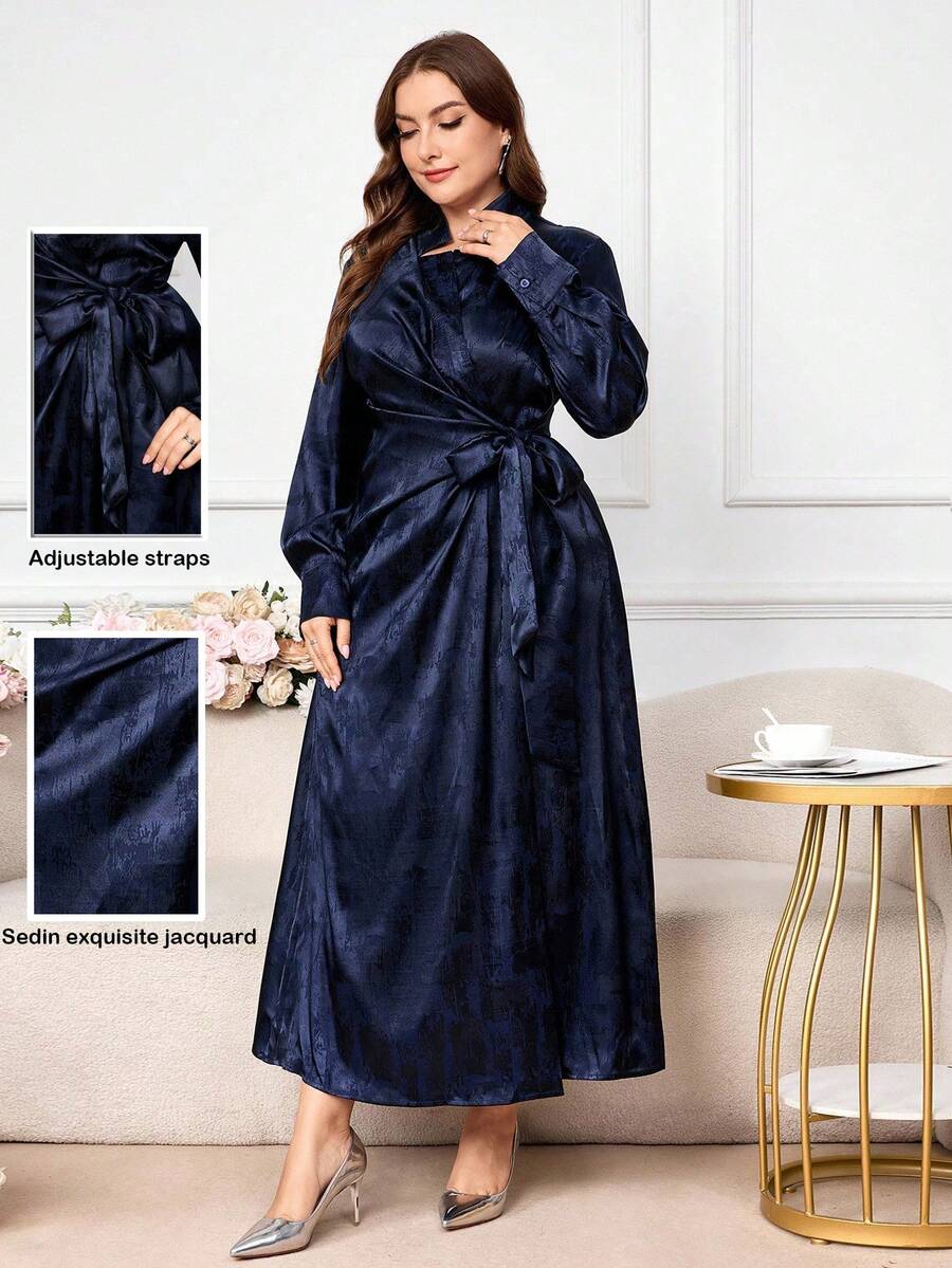 Modelyn Women's Long Sleeve Tie-Front Jacquard Elegant Party & Commute Dress, Plus Size Fall Cloth For Women