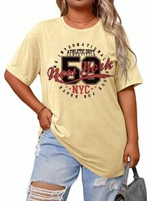 EMERY ROSE Plus Size New York Slogan Letter Print Casual Loose Mid-Length Short Sleeve Round Neck T-Shirt - Yellow - View 3