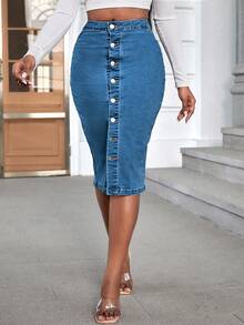 Casual Washed Front Button Fitted Denim Mini Skirt - Dusty Blue - View 3