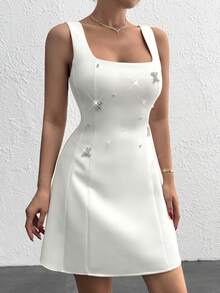 EURMUSE A-Line Shaped Rhinestone Embellishment Princess Line Detailed Mini Elegant Dress, Party Dress - White - View 5