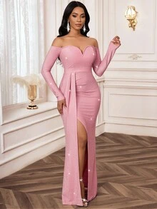 SHEIN Lady Women's Elegant Off Shoulder Glitter High Slit Dress For Party - Pink - View 4