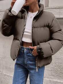 EURMUSE Short Padded Jacket In A Plain Design, Contrast Metal Colour Zipper - Mocha Brown - View 1