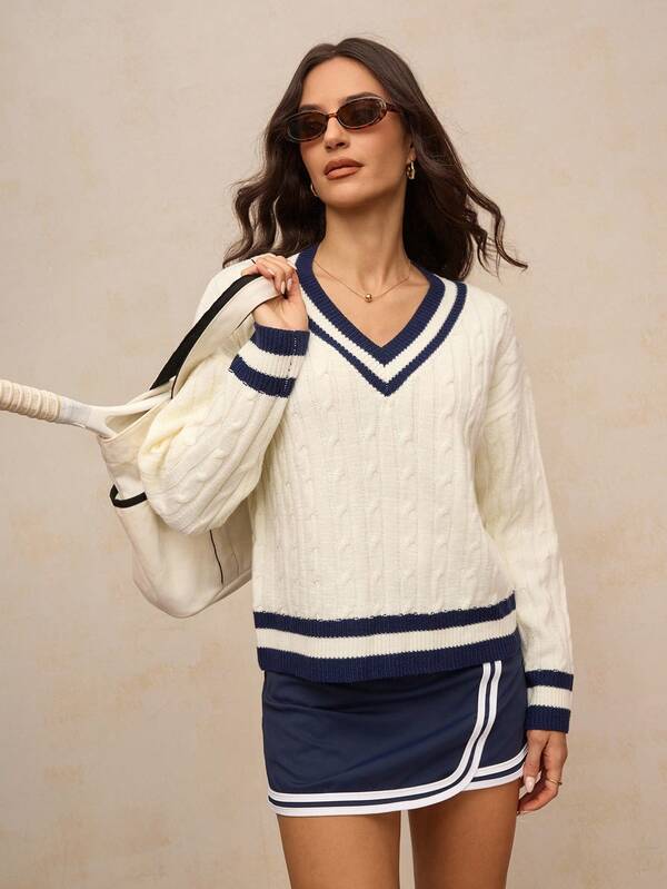 Activina Women's V Neck Sweater Tennis Outfits For Women Long Sleeve Cable Knit Sweater