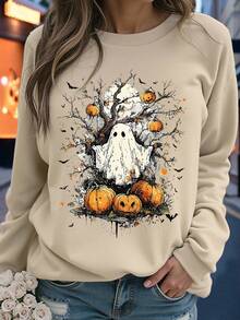 EMERY ROSE Plus Size Women Autumn/Winter Fall Halloween Pumpkin & Ghost Print Sweatshirt Top - Apricot - View 3