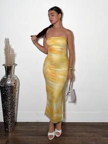 Andrea Bello Ladies' Tie Dye Strapless Dress With Side Slit Hem Maxi Women Outfit - Yellow - View 2