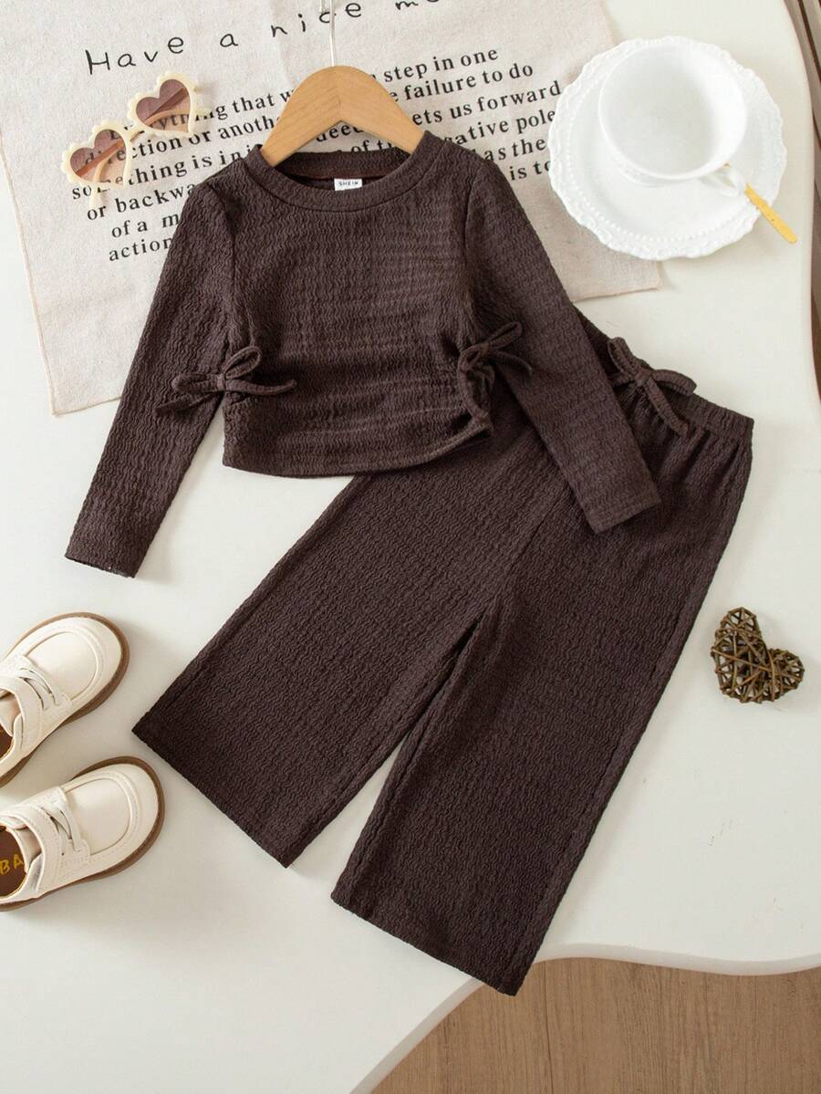 SHEIN Baby Girls Casual Versatile Solid Color Knit Long Sleeve T-Shirt Set Fall Winter