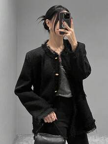 DAZY 金属扣流苏粗花呢夹克女式外套 - 黑色 - 查看 2