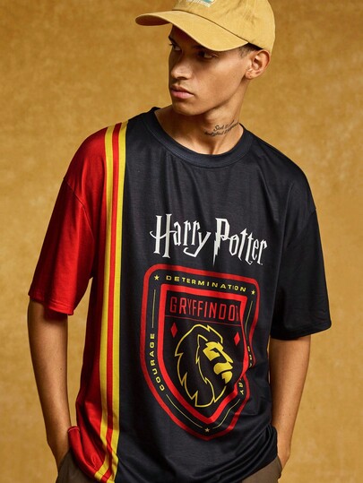 HARRY POTTER X SHEIN maglietta a maniche corte da uomo con scollo rotondo, stampa a blocchi di colore con lettere e righe