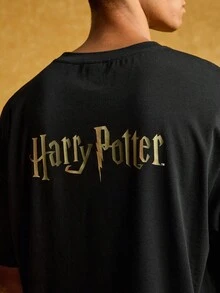HARRY POTTER X SHEIN 男士休闲宽松动物徽章印花落肩黑色T恤，夏季 - 黑色 - 查看 3