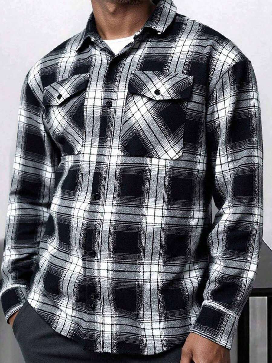 SHEIN Camisa xadrez casual de manga comprida para meninos adolescentes, versátil, com bolso de aba, adequada para deslocamento, escola, dia a dia, férias, esportes, festa, outono/inverno - Multicolorido - Ver 1