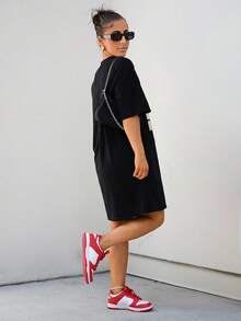 SAYEHFBABY Casual Loose Round Neck Short Sleeve Crop Dress, Suitable For Summer Suitable For Going Out - Black - View 5