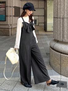 FRIFUL Combinaison gris foncé unicolore pour femmes avec décoration de nœud à l'avant, jambe droite, combinaison longue polyvalente et décontractée, automne - Gris - Voir 7