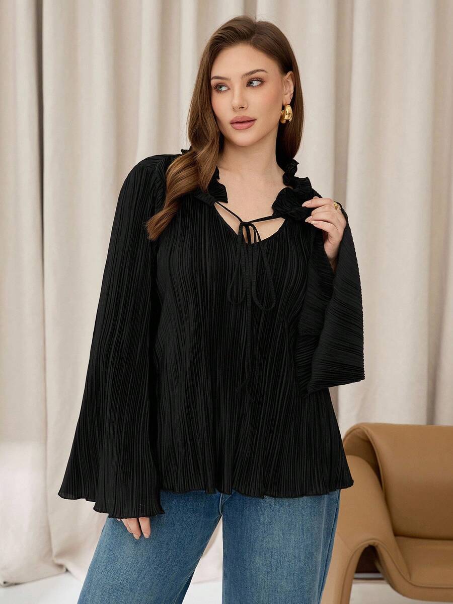 Auralis Tricou negru cu mânecă lungă, mărime plus, costum drăguț de toamnă, cămașă cu tivită din corn, costum negru de Halloween, costum elegant de doamnă, top pentru naveta zilnică, bluză drăguță de toamnă - Negru - Vizualizare 1