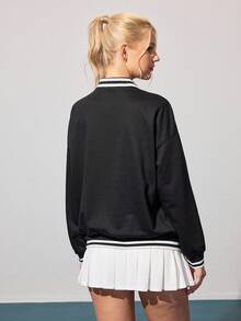 Gameset SHEIN Sport 女式字母条纹 Polo 领宽松长袖运动衫 - 黑色 - 查看 2