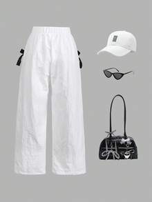 Girls Loose Wide Leg Pants With Elastic Waist And Bow Decor,Comfortable Autumn,Fairy,Back-To-School Trousers For Daily Wear,School,Walking,Fall Winter - White - View 2