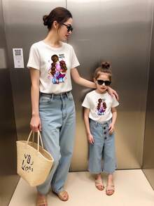 SHEIN Young Girl Casual Backdrop Print Short Sleeve T-Shirt And Mommy & Me Matching Outfits (2 Pieces Sold Separately) - White - View 1