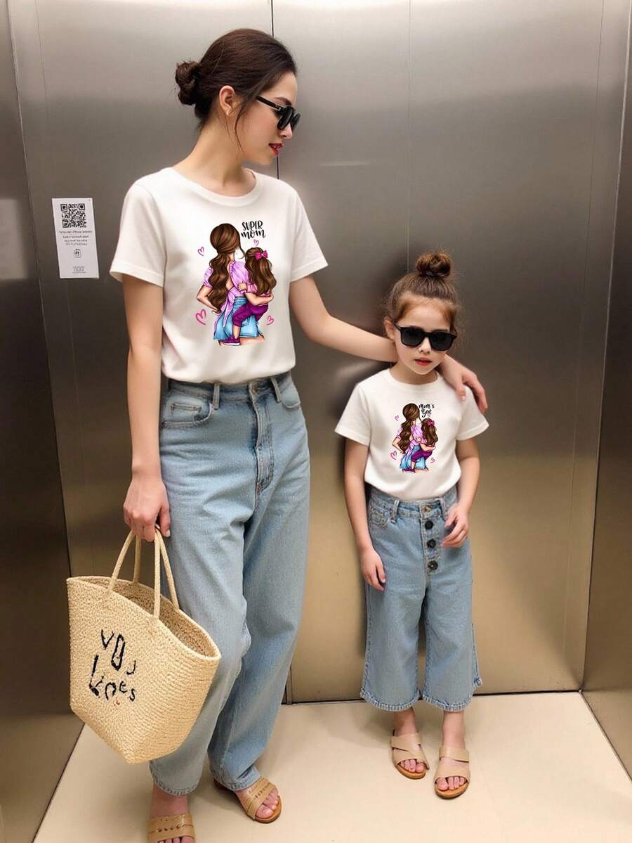 SHEIN Young Girl Casual Backdrop Print Short Sleeve T-Shirt And Mommy & Me Matching Outfits (2 Pieces Sold Separately) - White - View 1