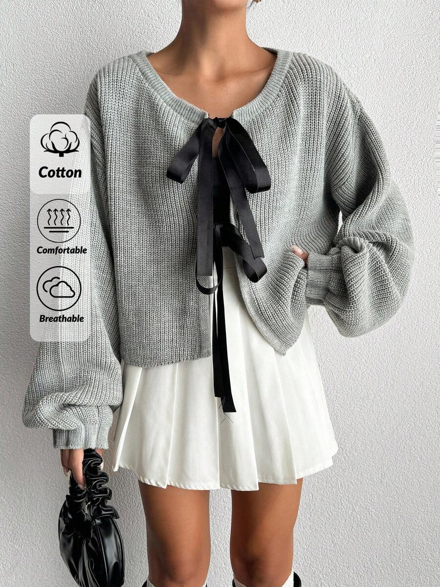 EURMUSE Casual Bowknot Chunky Knit Cardigan, Spring & Autumn - Grey - View 1