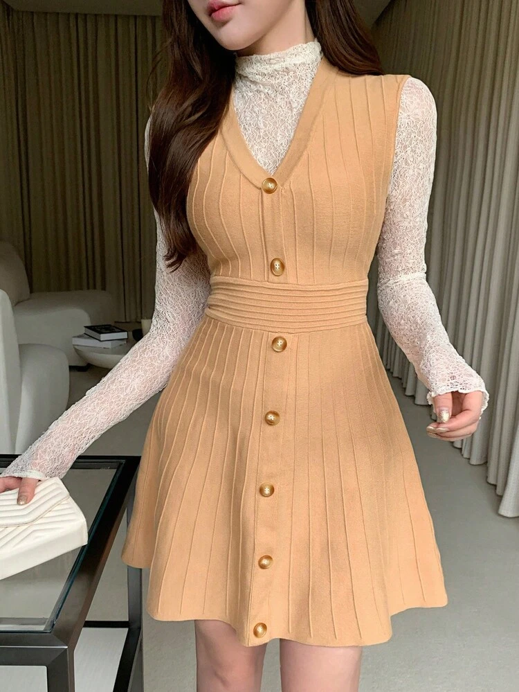Women's Elegant Solid Color V-Neck Sleeveless Knit Sweater Dress, Autumn