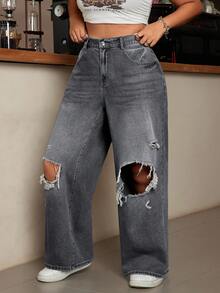 EURMUSE Plus Size Women High Waist Pockets Distressed Wide Leg Loose Casual Jeans - Grey - View 6