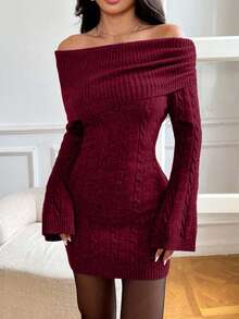 EURMUSE Women's Autumn Twist Cable Pattern Off Shoulder Long Sleeve Fitted Knit Dress,Winter Dresses - Burgundy - View 3