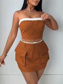 Zolique Women's Contrast Color Cropped Bandeau Top And Utility Midi Skirt Casual 2 Pieces Set