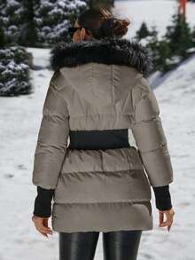 EURMUSE Padded Coat With Furry Hood And Adjustable Waist, Two Side Pockets, Thick And Fashionable Puffer Jacket, Quilting Details - Mocha Brown - View 2