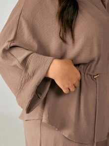 Nubod Plus Size Casual Loose Batwing Sleeve Adjustable Waist Cardigan Shirt Paired With Wide Leg Straight Pants 2 Pieces Set - Apricot - View 4