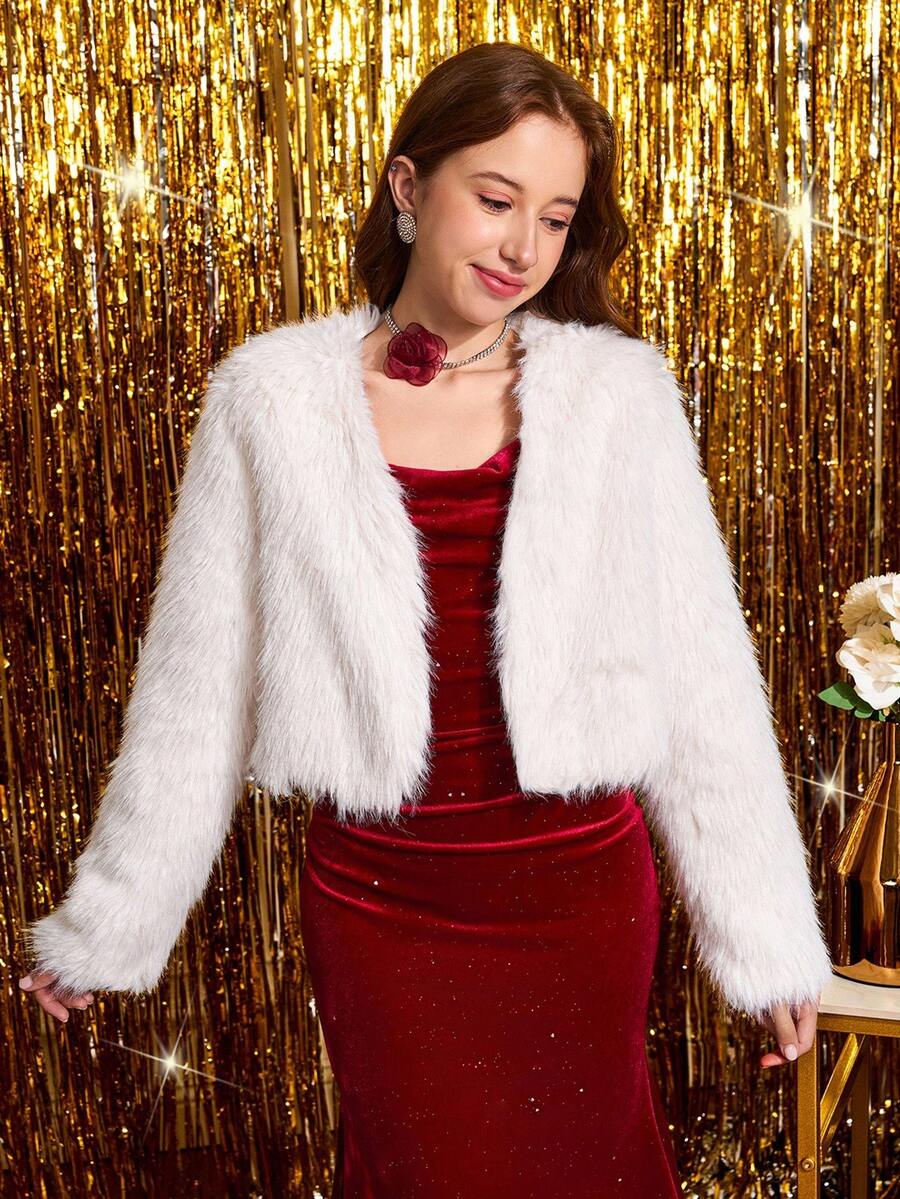 SHEIN Pitira 少女纯色梭织毛绒面料开襟长袖短款常规外套 白色外套 少女白色毛绒外套 少女人造毛绒外套 白色开衫 少女外套 适合少女的可爱外套 适合青少年的秋冬季