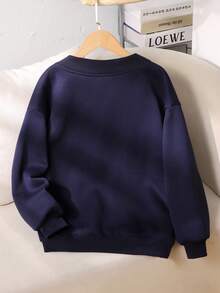 SHEIN Tween Girl Casual Elegant School V-Neck Oversized Loose Fleece Thick Long Sleeve Refined Horse Riding Print Solid Color Sweatshirt, Navy Blue,In Fall/Winter - Navy Blue - View 2