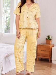 SHEIN Soft & Skin-Friendly Striped Bow Print Pajama Set - Yellow - View 6