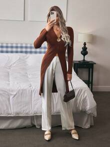 Louniche Cárdigan de mujer elegante y ajustado con botones de metal minimalistas - Café integral - Ver 4