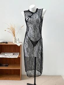 Dazy Plus 蕾丝情趣裹身透视开衩内衣 - 黑色 - 查看 7