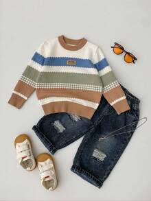 SHEIN 男童多色提花针织百搭可爱套头毛衣，面料厚实柔软舒适，适合居家、外出、上学等场合，秋冬季保暖内衬