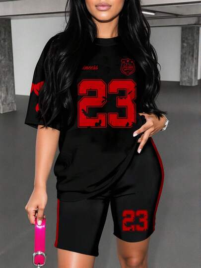 Slaydiva 2pcs Casual Minimalist Sports Red Bow 23 Jersey Print Tight-Fitting Short Sleeve Shorts Set, Suitable For SummerSummer Outfits For Women,Two Piece Set Women Suitable For Going Out