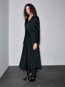 Lumivelle Green Women's Elegant Minimalist Shirt Collar Waist Pleated Design Shoulder Attached Sleeve Long Dress - Black - View 4