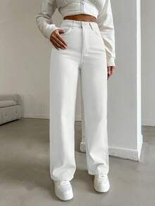 EURMUSE 100%Cotton Solid High Waist Straight Leg Jeans For Dailywear - White - View 3