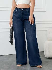 Jeans casual a gamba dritta e ampia in 100% cotone, taglia comoda per donna, colore blu